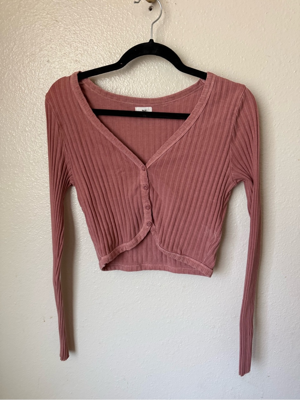 Aerie Ribbed Button-Front Cropped Top - Dusty Rose
